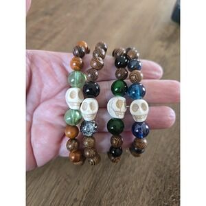 Wood Bead/Stone Bead Stone Skull Bead Stretch Stacking Bracelets Set of 4-6.5"